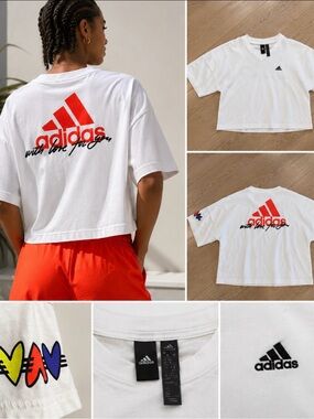 ✨Host pick✨ Adidas Originals White Oversized Graphic Crop T-Shirt Tee